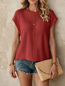 EMERY ROSE Women Simple Round Neck Batwing Sleeve Solid Color Casual Sweater Vest For New Year Clothes - Red - View 1