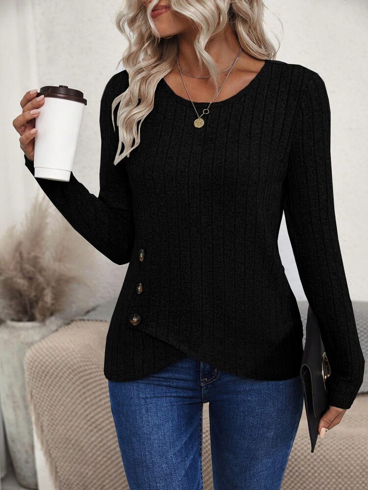 EMERY ROSE Button Decorated Long Sleeve T-Shirt Fall Cloth For Women - Black - View 3