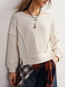 Bohemela Casual Solid Color Knit Long Sleeve Women's Sweatshirt - White - View 1