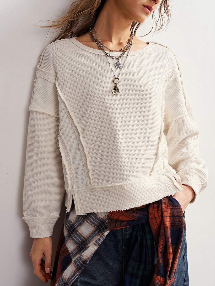 Bohemela Casual Solid Color Knit Long Sleeve Women's Sweatshirt - White - View 1