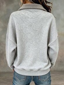 Collagica Collagica Women's Solid Color Drop Shoulder Long Sleeve Half Zip Casual Sweatshirt - Light Grey - View 2