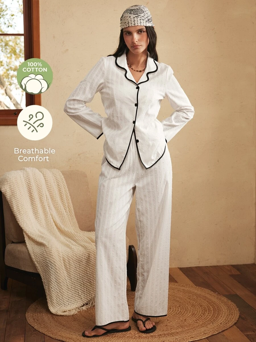 Lullawish Bohemian Contrast Color Trim Patchwork Open Front 3D Jacquard Cotton Blend Women's Pajama Set - White - View 1