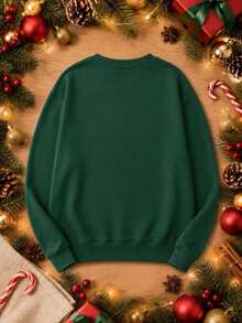 SHEIN [Excl, Baby & Kids]Christmas Style Sweatshirt, Men's Pullover Crew Neck Regular Shoulder Green Sweatshirt - Green - View 4