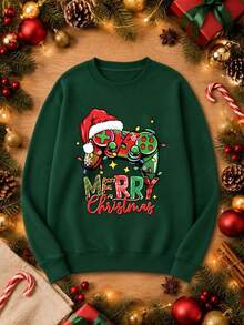 SHEIN [Excl, Baby & Kids]Christmas Style Sweatshirt, Men's Pullover Crew Neck Regular Shoulder Green Sweatshirt - Green - View 5