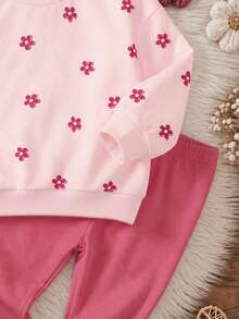 Baby Girl Casual Minimalist Fleece Lined Crew Neck Sweatshirt And Leggings Set, New Style Suitable For Autumn/Winter Daily Wear, Outings, Holidays - Multicolor - View 9