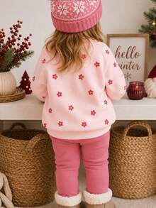 Baby Girl Casual Minimalist Fleece Lined Crew Neck Sweatshirt And Leggings Set, New Style Suitable For Autumn/Winter Daily Wear, Outings, Holidays - Multicolor - View 1