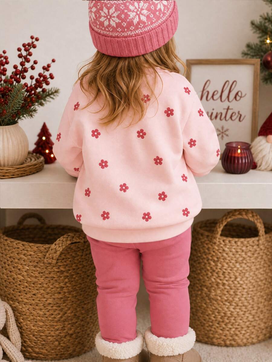 Baby Girl Casual Minimalist Fleece Lined Crew Neck Sweatshirt And Leggings Set, New Style Suitable For Autumn/Winter Daily Wear, Outings, Holidays - Multicolor - View 1