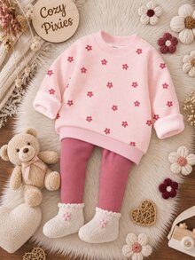 Baby Girl Casual Minimalist Fleece Lined Crew Neck Sweatshirt And Leggings Set, New Style Suitable For Autumn/Winter Daily Wear, Outings, Holidays - Multicolor - View 6