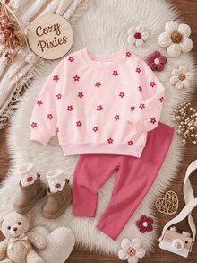 Baby Girl Casual Minimalist Fleece Lined Crew Neck Sweatshirt And Leggings Set, New Style Suitable For Autumn/Winter Daily Wear, Outings, Holidays - Multicolor - View 7