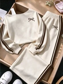 Setelan 2 Potong untuk Remaja Perempuan, Atasan Off-Shoulder dengan Logo Pita dan Celana Track Lebar, Pakaian Kasual Sporty Musim Gugur - MultiWarna - View 4