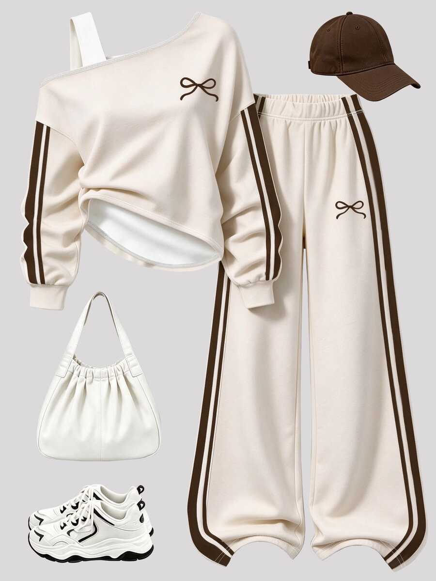 Setelan 2 Potong untuk Remaja Perempuan, Atasan Off-Shoulder dengan Logo Pita dan Celana Track Lebar, Pakaian Kasual Sporty Musim Gugur - MultiWarna - View 1