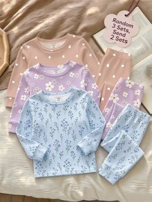 Young Girl Casual Minimalist Kids Soft Comfortable Long Sleeve Long Pants Loungewear Suitable For Autumn/Winter Snug Fit Pcs - Multicolor - View 4