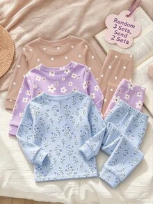 Young Girl Casual Minimalist Kids Soft Comfortable Long Sleeve Long Pants Loungewear Suitable For Autumn/Winter Snug Fit Pcs - Multicolor - View 2