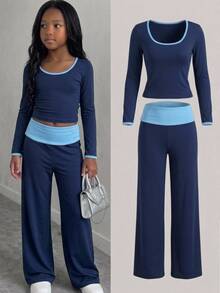SHEIN Tween Girls Colorblock Square Neck Long Sleeve T-Shirt And Pants Casual 2 Pieces Set - Navy Blue - View 1