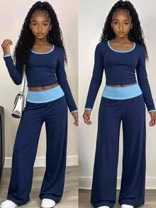 SHEIN Tween Girls Colorblock Square Neck Long Sleeve T-Shirt And Pants Casual 2 Pieces Set - Navy Blue - View 4