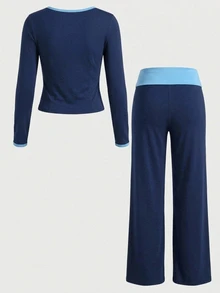 SHEIN Tween Girls Colorblock Square Neck Long Sleeve T-Shirt And Pants Casual 2 Pieces Set - Navy Blue - View 2