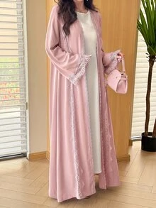 Mulvari Romantic Modest Elegant Solid Color Full Skirt Mesh Lace Decor Women's Abaya Christening Guest Ninang Wedding Pink Fall - Pink - View 6