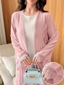 Mulvari Romantic Modest Elegant Solid Color Full Skirt Mesh Lace Decor Women's Abaya Christening Guest Ninang Wedding Pink Fall - Pink - View 5