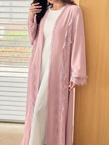 Mulvari Romantic Modest Elegant Solid Color Full Skirt Mesh Lace Decor Women's Abaya Christening Guest Ninang Wedding Pink Fall - Pink - View 7