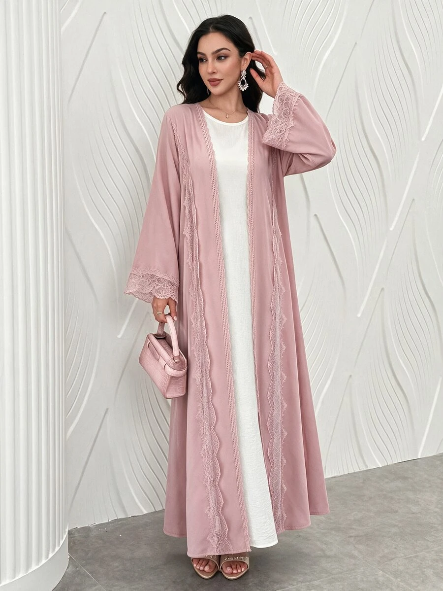 Mulvari Romantic Modest Elegant Solid Color Full Skirt Mesh Lace Decor Women's Abaya Christening Guest Ninang Wedding Pink Fall - Pink - View 1
