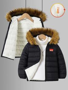 SHEIN Kids 1pc Young Boys Casual Versatile Comfortable Loose Practical Solid Color Zip-Up Hooded Winter Jacket With Fur Trim - Black - View 5