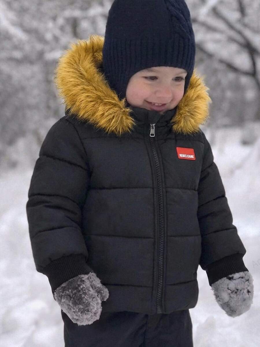 SHEIN Kids 1pc Young Boys Casual Versatile Comfortable Loose Practical Solid Color Zip-Up Hooded Winter Jacket With Fur Trim