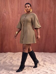 Veslaya Plus Lantern Sleeve Button Front Dress Fall Office Khaki Elegant - Khaki - View 5