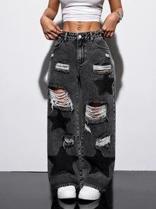 SHEIN Tall Women's Embroidered Distressed Button Jeans - Black - View 3