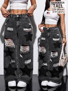 SHEIN Tall Women's Embroidered Distressed Button Jeans - Black - View 1