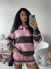 BamGleam Pink & Grey Colorblock Striped Polo Collar Cable Knit Set Women Loose Long Sleeve Sweater & Drawstring Shorts 2 Pieces Set - Pink - View 4
