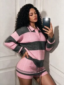 BamGleam Pink & Grey Colorblock Striped Polo Collar Cable Knit Set Women Loose Long Sleeve Sweater & Drawstring Shorts 2 Pieces Set - Pink - View 2