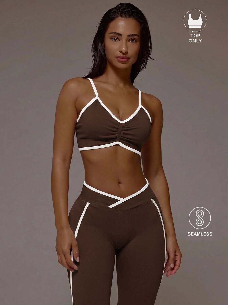 Musera Sport Contrast Ribbed Seamless Sports Bra Only Active Co-Ord Workout Gym Pilates Fitness Daily Casual Smoky Quartz Summer - Chocolate Brown - View 1