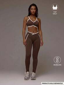Musera Sport Contrast Ribbed Seamless Sports Bra Only Active Co-Ord Workout Gym Pilates Fitness Daily Casual Smoky Quartz Summer - Chocolate Brown - View 3