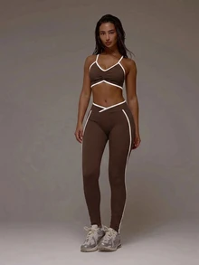 Musera Sport Contrast Ribbed Seamless Sports Bra Only Active Co-Ord Workout Gym Pilates Fitness Daily Casual Smoky Quartz Summer - Chocolate Brown - View 5
