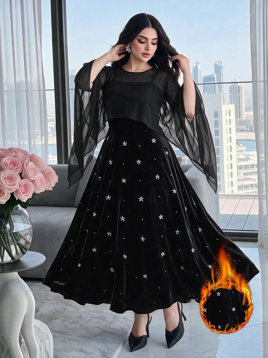 Modelyn Plus Size Women's Flare Sleeve Top And Floral Print Dress Elegant 2 Pieces Set - Black - View 1