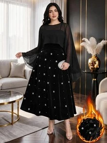 Modelyn Plus Size Women's Flare Sleeve Top And Floral Print Dress Elegant 2 Pieces Set - Black - View 3