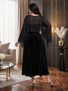 Modelyn Plus Size Women's Flare Sleeve Top And Floral Print Dress Elegant 2 Pieces Set - Black - View 2