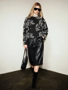 Aveloria Modichic 女款寬鬆直筒刺繡單排扣圓領現代黑白大葉紋冬裝外套，日常旅行外出穿搭 - 黑色 - 查看 7
