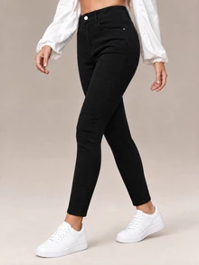 Flexra Women's Button Casual Daily Wear Denim Long Pants - Black - View 1