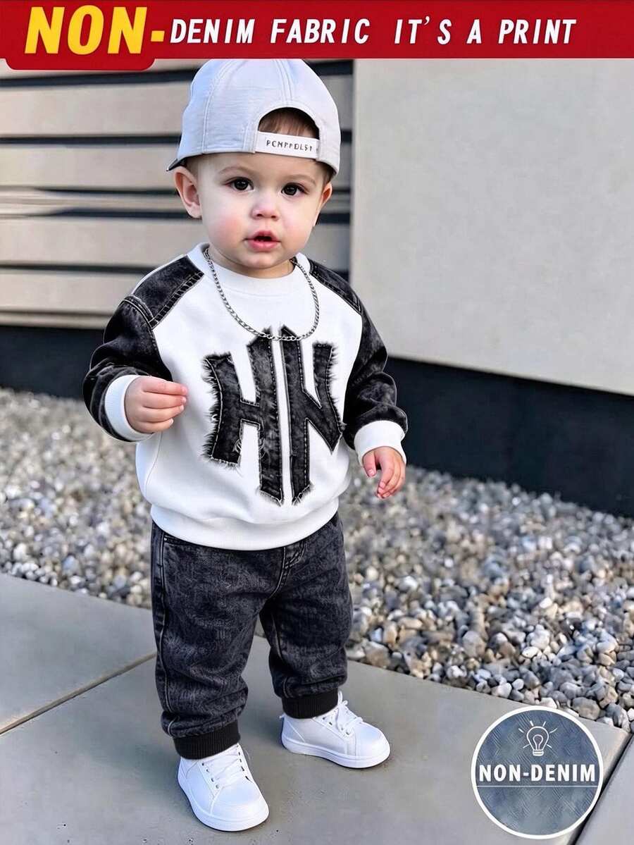 SHEIN 2pcs Baby Boys Casual 3D Letter Print Crew Neck Fleece Sweatshirt And Matching Fleece Sweatpants Set, Suitable For Autumn/Winter - Multicolor - View 1