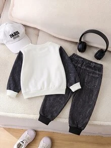 SHEIN 2pcs Baby Boys Casual 3D Letter Print Crew Neck Fleece Sweatshirt And Matching Fleece Sweatpants Set, Suitable For Autumn/Winter - Multicolor - View 2