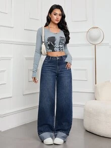SHEIN Tall CURVE Plus Size Women's Cuffed Hem Pocket Button Straight Leg Denim Jeans Vacation Club Birthday Blue Loose Winter Halloween Christmas Party Tall CURVE - Blue - View 3