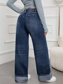 SHEIN Tall CURVE Plus Size Women's Cuffed Hem Pocket Button Straight Leg Denim Jeans Vacation Club Birthday Blue Loose Winter Halloween Christmas Party Tall CURVE - Blue - View 2