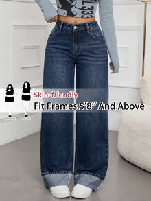 SHEIN Tall CURVE Plus Size Women's Cuffed Hem Pocket Button Straight Leg Denim Jeans Vacation Club Birthday Blue Loose Winter Halloween Christmas Party Tall CURVE - Blue - View 8