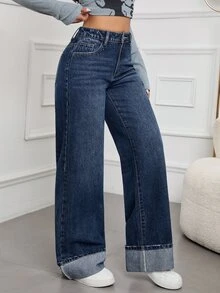 SHEIN Tall CURVE Plus Size Women's Cuffed Hem Pocket Button Straight Leg Denim Jeans Vacation Club Birthday Blue Loose Winter Halloween Christmas Party Tall CURVE - Blue - View 5