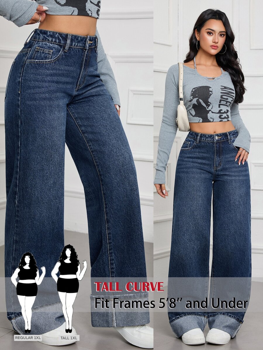 SHEIN Tall CURVE Plus Size Women's Cuffed Hem Pocket Button Straight Leg Denim Jeans Vacation Club Birthday Blue Loose Winter Halloween Christmas Party Tall CURVE - Blue - View 1