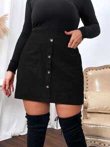 Vionelle Plus High Waist Dual Pocket Single Breasted Corduroy Skirt Fall - Black - View 3