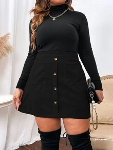Vionelle Plus High Waist Dual Pocket Single Breasted Corduroy Skirt Fall - Black - View 8