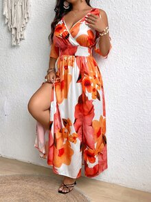 Flirla 大尺碼全印花高開衩露肩長洋裝，夏季度假女裝，白色休閒熱帶波西米亞風沙灘穿搭 - 橘色 - 查看 4