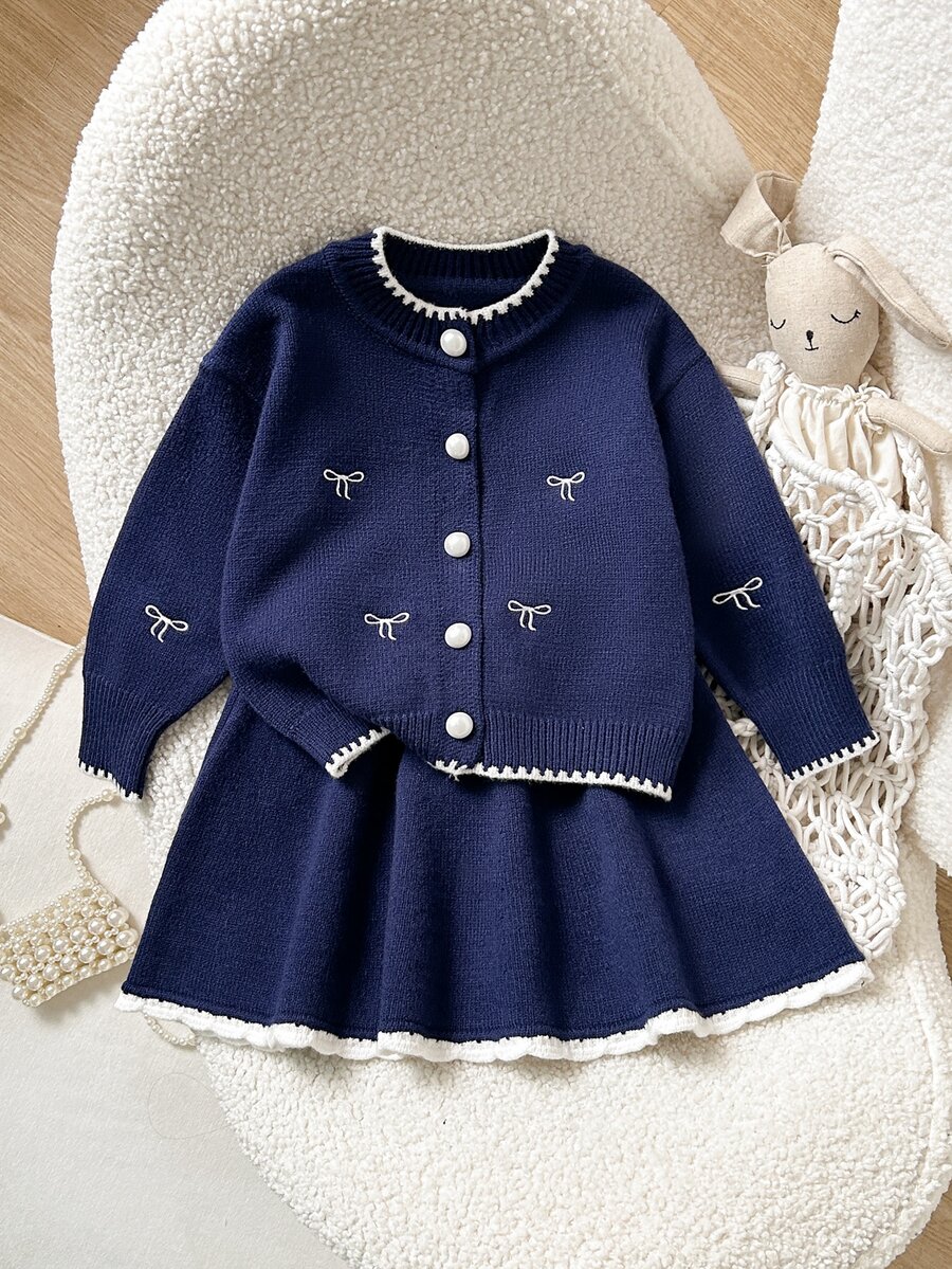 SHEIN Baby Girl Knitted Contrast Color Bow Pattern Casual Sweater And Winter Skirt 2 Pieces Set Autumn - Blue and White - View 1
